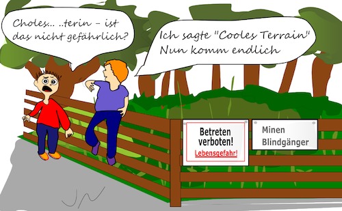 Cartoon: Blindgänger (medium) by Jochen N tagged cholesterin,gefahr,gefährlich,lebensgefahr,cool,terrain,gelände,gebiet,zaun,mine,schilder,betreten,verboten,bombe,krieg,weltkrieg