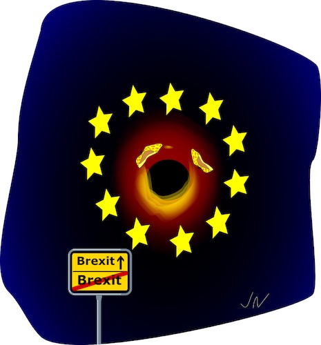 Cartoon: Brexit mit Sogwirkung (medium) by Jochen N tagged brexit,austritt,theresa,may,premier,eu,england,uk,no,deal,verlängerung,weltraum,all,schwarzes,loch,sog,sterne,nasa,ortsausgang