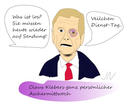 Cartoon: Claus Kleber (medium) by Jochen N tagged veilchen,veilchendienstag,blaues,auge,dienst,aschermittwoch,karneval,fasching,narr,helau,alaaf,rosenmontag,moderator,heute,journal,nachrichten,journalist