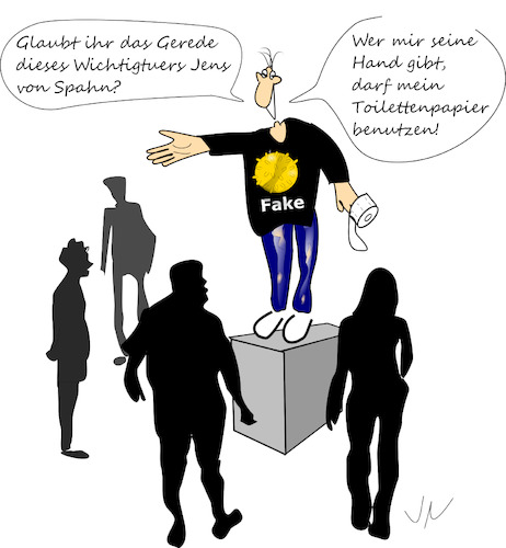 Cartoon: Corona Rede (medium) by Jochen N tagged jens,spahn,wichtigtuer,hand,hände,waschen,toilettenpapier,klopapier,hamsterkäufe,virus,covid,19,ausgangssperre,gesund,krank,fake,maik