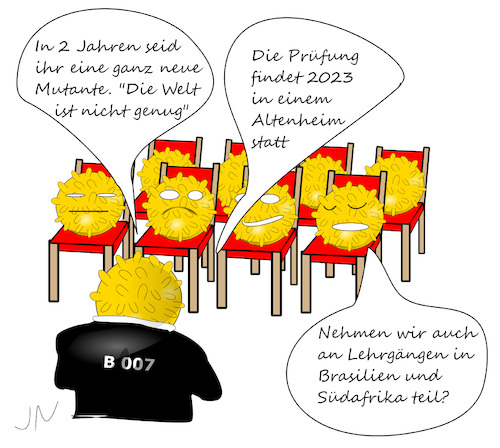 Cartoon: Covid 19 Umschulung (medium) by Jochen N tagged schule,schulung,ausbildung,unterricht,lehrgang,beruf,prüfung,altenheim,james,bond,007,stühle,mutante,mutation,b117,südafrika,brasilien,corona,pandemie,lockdown,virus,viren