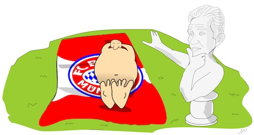 Cartoon: Denkmal Heynckes (medium) by Jochen N tagged bayern,münchen,jupp,heynckes,trainer,deutscher,meister,bundesliga,champions,league,dfb,pokal,triple,double,kovac,denkmal,statue,rasen,handtuch,ruhe,entspannung