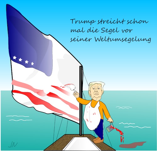 Cartoon: Die Segel streichen (medium) by Jochen N tagged segel,streichen,aufgeben,trump,präsident,usa,klima,klimaabkommen,klimaerwärmung,segelboot,fahne,flagge,farbe,farbtopf,maler,meer,umweltzerstörung,umweltverschmutzung