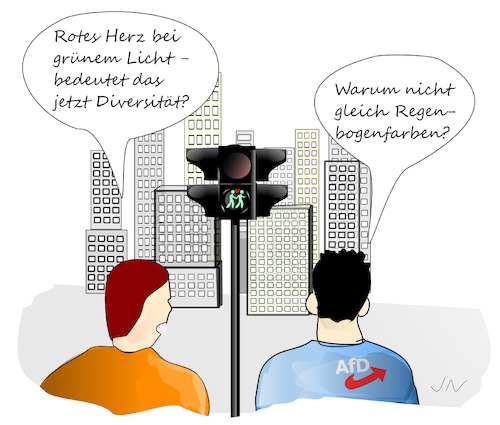 Cartoon: Diverse Ampelmännchen (medium) by Jochen N tagged ampel,verkehr,fußgänger,straße,regenbogen,vielfalt,farben,herz,lgbtq,homosexuell,schwul,diversität,gender,geschlecht,afd,hochhäuser