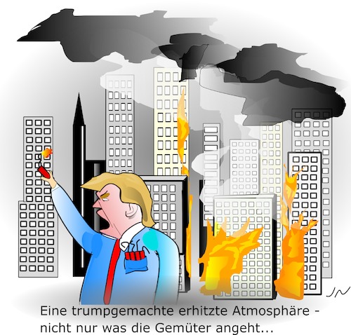 Cartoon: Durchlauferhitzer (medium) by Jochen N tagged donald,trump,präsident,usa,energie,el,paso,brand,brandstiftung,feuer,dynamit,hitze,klimawandel,qualm,rauch,atmosphäre,skyline,stadt,hochhaus