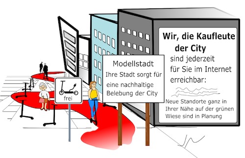 Cartoon: E-Scooter (medium) by Jochen N tagged escooter,eroller,city,innenstadt,verkauf,handel,stadt,einzelhandel,geschäfte,kaufleute,modell,schilder,radweg,spur,fehlplanung,fußgängerzone