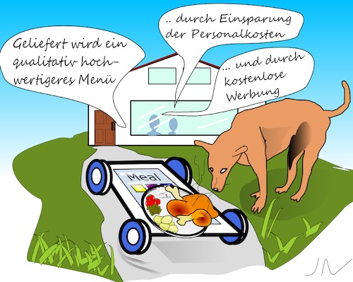 Cartoon: Essen auf Rädern 2.0 (medium) by Jochen N tagged hund,schnupper,menü,mahlzeit,essen,meal,qualität,qualitativ,hochwertig,einsparung,personalkosten,bringdienst,werbung,kostenlos,hähnchen,kartoffel,gemüse