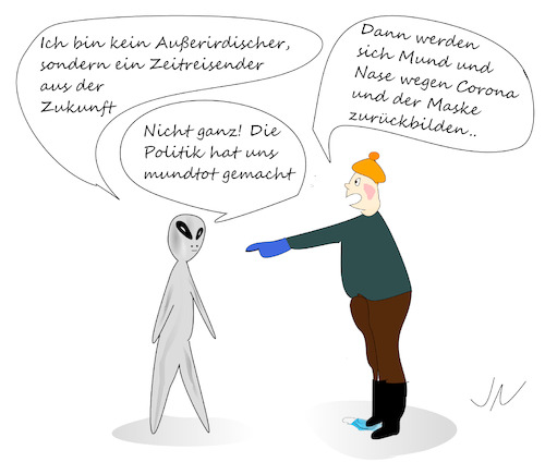 Cartoon: Evolution (medium) by Jochen N tagged alien,außerirdisch,zeitreise,zukunft,winter,mütze,mundtot,maske,verschwörung,corona,pandemie,covid,19,mutation,mutante,lockdown,virus,viren