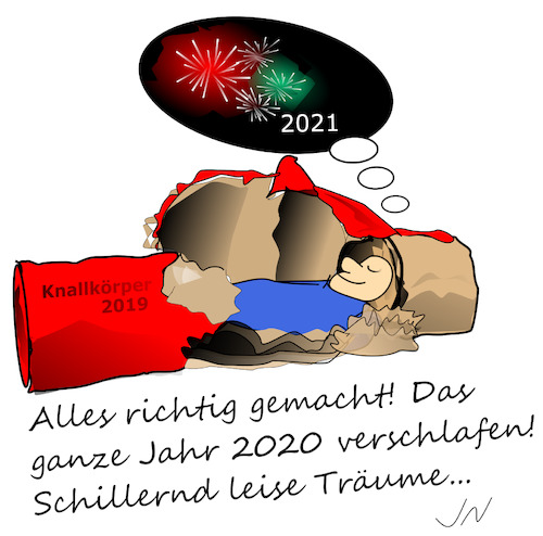 Cartoon: Feuerwerk (medium) by Jochen N tagged silvester,böller,knall,jahr,raketen,neujahr,2020,2021,umwelt,feinstaub,leise,bunt,traum,träumen,schlaf,verschlafen,corona,covid,19,impf,pandemie,lockdown