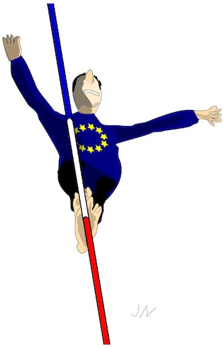Cartoon: Frankreich Wahl (medium) by Jochen N tagged präsidentschaftswahl,frankreich,staatspräsident,wahlen,eu,europa,le,pen,front,national,seiltanz,seiltänzer,balancieren,seil,akrobatik,barfuß