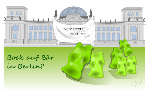 Cartoon: Frischer Wind (medium) by Jochen N tagged reichstag,bundestag,bundestagswahl,kanzler,kanzlerin,kanzlerkandidatin,grüne,baerbock,bock,bär,berlin,strukturen,gummibärchen,haribo,fruchtgummi,goldbären