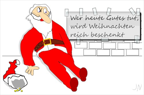 Cartoon: Frohe Botschaft (medium) by Jochen N tagged weihnachten,weihnachtsmann,gauner,bettler,betteln,unrasiert,dreist,bart,betrug,betrüger,obdachlos,wohnungslos,arm,armut,arbeitslos,penner,feiertage,festtage,spende,bedürftig