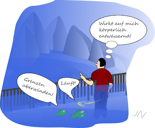 Cartoon: Grenzerfahrungen (medium) by Jochen N tagged urin,angst,pinkeln,grenze,wasser,hochwasser,stausee,talsperre,regen,starkregen,überlauf,unwetter,fische,klimawandel