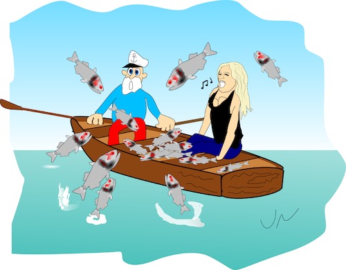 Cartoon: Helene Fischer (medium) by Jochen N tagged fisch,fische,fischfang,fischen,fischerei,fischer,fischerboot,ruderboot,ruder,rudern,singen,sängerin,see,meer,seemann,staunen,selbstmord,suizid