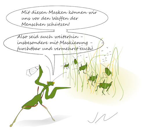 Cartoon: Heuschreckenplage (medium) by Jochen N tagged plage,heuschrecken,gottesanbeter,rede,schwärme,hungersnot,ernten,ostafrika,afrika,fruchtbarkeit,vermehrung,maske,corona,pandemie,covid,19