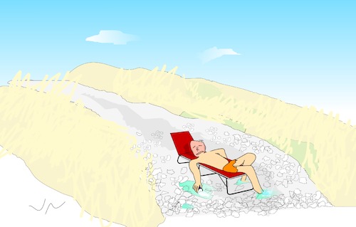 Cartoon: Hitzesommer im Flussbett (medium) by Jochen N tagged dürre,hitze,klima,klimaschutz,klimawandel,trockenheit,fluss,wassermangel,sommer,sonne,liege,erschöpfung,pfütze,steine,wadi