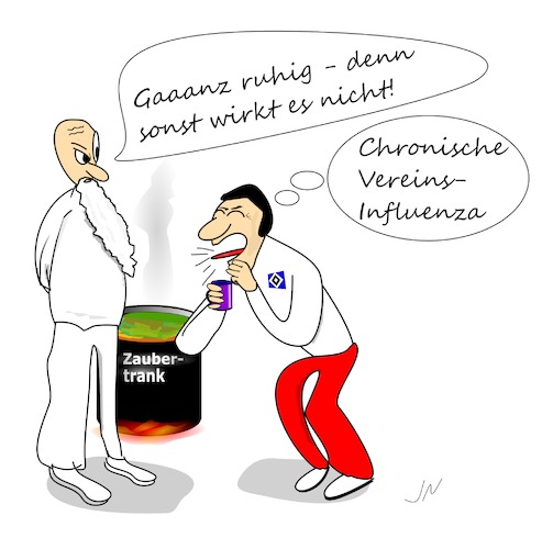 Cartoon: HSV (medium) by Jochen N tagged hsv,hamburg,bundesliga,sport,fußball,abstieg,tabellenende,druide,arzt,zaubertrank,influenza,grippe,husten,chronisch,krank,medizin,ruhe,tasse,topf