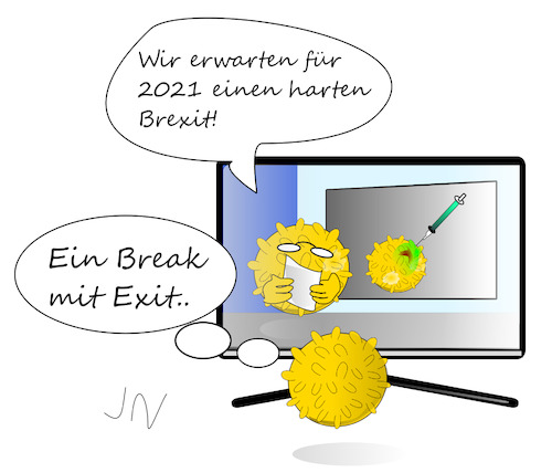 Cartoon: Impfstoff 2021 (medium) by Jochen N tagged break,exit,brexit,boris,johnson,corona,pandemie,covid,19,infekt,lockdown,moderna,biontech,impfung,spritze,medizin,pharma,fernseher,tv,nachrichten