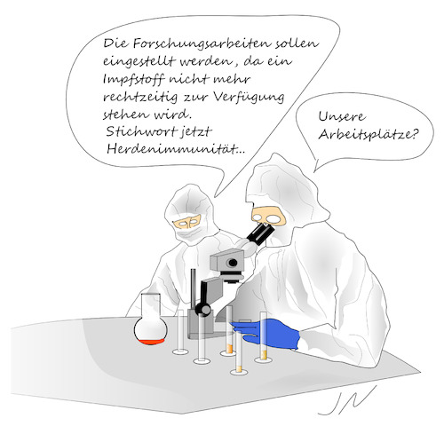 Cartoon: Impfstoff (medium) by Jochen N tagged forschung,labor,wissenschaftler,impfen,reagenz,kosten,zeitnot,mikroskop,schutzkleidung,arbeitsplätze,jobverlust,corona,virus,pandemie,covid,19,medizin,lockdown,herdenimmunität