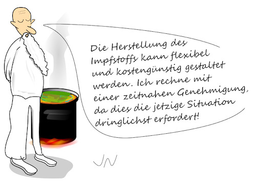 Cartoon: Impfstoff (medium) by Jochen N tagged biontech,pfizer,moderna,produktion,herstellung,druide,arzt,zaubertrank,gebräu,dampf,impfen,impfzentrum,genehmigung,zulassung,kosten,flexibel,dringend,corona,pandemie,covid,19,virus,viren,lockdown