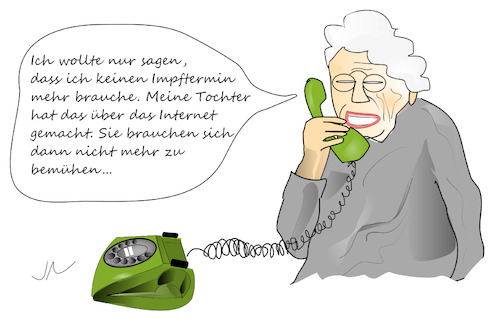 Cartoon: Impftermin (medium) by Jochen N tagged hilfe,internet,tochter,telefon,telefonhörer,schnur,telekom,anrufen,oma,großmutter,alter,überforderung,corona,pandemie,covid,19,impfen,impfung,impfstoff,impfzentrum,termin,spritze,bjontech,pfizer