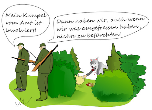 Cartoon: Jagdverbot (medium) by Jochen N tagged jäger,jagd,verbot,gewehr,wolf,riss,beute,geld,sack,arm,busch,büsche,wald,blut,amt,schmiergeld,gekauft,behörde,involviert,kumpel,furcht,fressen