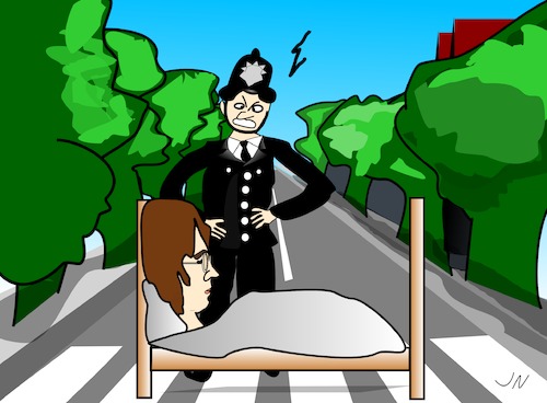 Cartoon: John Lennon - Imagine (medium) by Jochen N tagged john,lennon,beatles,imagine,abbey,road,bobby,traum,träumen,england,london,brit,zebrastreifen,polizist,polizei,bett,ruhen,schlaf,protest,gesetz,frieden,gewaltlos,demonstrant,widerstand