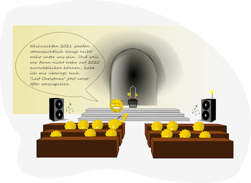 Cartoon: Kirchgang (medium) by Jochen N tagged weihnachten,christmas,kirche,wham,musik,lied,song,2021,kerze,suizid,selbstmord,corona,pandemie,covid,19,impf,lockdown