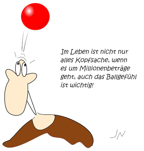 Cartoon: Kopfball (medium) by Jochen N tagged fußball,transfer,bundesliga,liga,geld,vereine,bayern,münchen,ablöse,spieler,wechsel,leben,kopf,kopfball,kopfsache,bauch,bauchgefühl,ball,ballgefühl,millionen,beträge