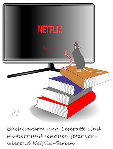 Cartoon: Kulturschock-Mutation (medium) by Jochen N tagged kultur,schock,mutation,mutante,corona,ansteckung,tv,fernseher,fernsehen,buch,bücher,lesen,literatur,leseratte,bücherwurm,wurm,netflix,serie,stream