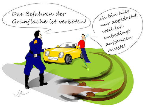 Cartoon: Kurze Pause (medium) by Jochen N tagged wiese,auto,sportwagen,tanken,auftanken,polizei,bremsspur,droge,spritze,fahren,fahrspur,rasen,grünfläche,verbot,heroin,sucht,süchtig