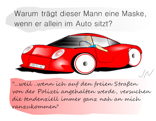 Cartoon: Maskenschutz (medium) by Jochen N tagged auto,sportwagen,rennwagen,maske,mundschutz,maskenpflicht,polizei,abstand,mindestabstand,geschwindigkeit,corona,virus,pandemie,covid,19,viren