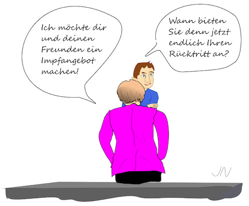 Cartoon: Merkel Impfangebot (medium) by Jochen N tagged angebot,kanzlerin,bundeskanzlerin,rücktritt,impfen,impfung,impfstoff,biontech,schüler,kinder,frech,corona,pandemie,covid,19,virus,spahn