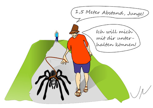 Cartoon: Mindestabstand (medium) by Jochen N tagged abstand,maske,spinne,vogelspinne,riesenspinne,hut,hundeleine,gassi,sandalen,corona,virus,coronavirus,coronakrise,pandemie,covid,19,viren