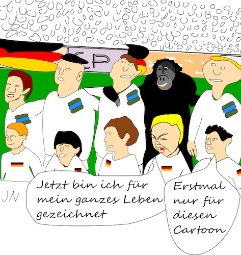 Cartoon: Nationalhymne vor WM Spiel (medium) by Jochen N tagged fußball,wm,russland,weltmeisterschaft,nationalmannschaft,nationalhymne,stadion,länderspiel,affe,gezeichnet,mannschaft,kinder