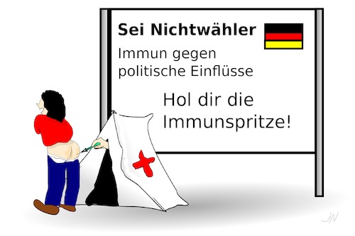 Cartoon: Nichtwähler mobilisieren (medium) by Jochen N tagged nichtwähler,protestwähler,mobilisieren,wahlkampf,bundestagswahl,regierung,merkel,cdu,kanzler,wählen,wähler,wahl,zelt,rotes,kreuz,wahlplakat,spritze,immun,wahlbeteiligung