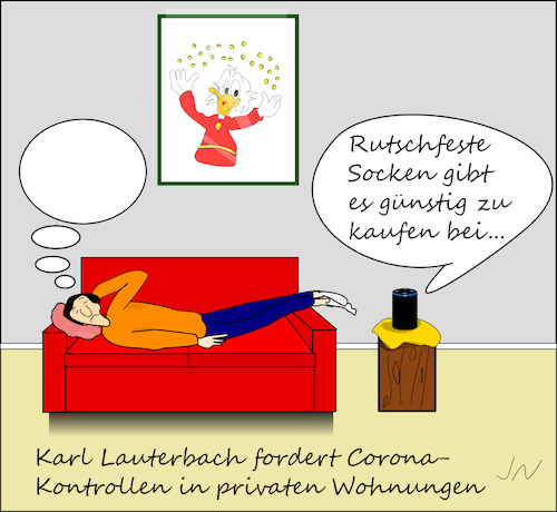 Cartoon: Privatsphäre (medium) by Jochen N tagged sofa,alexa,dagobert,bild,privat,wohnung,lauterbach,kontrolle,datenschutz,kauf,günstig,corona,gesundheit,pandemie,lockdown,ansteckung,quarantäne,werbung