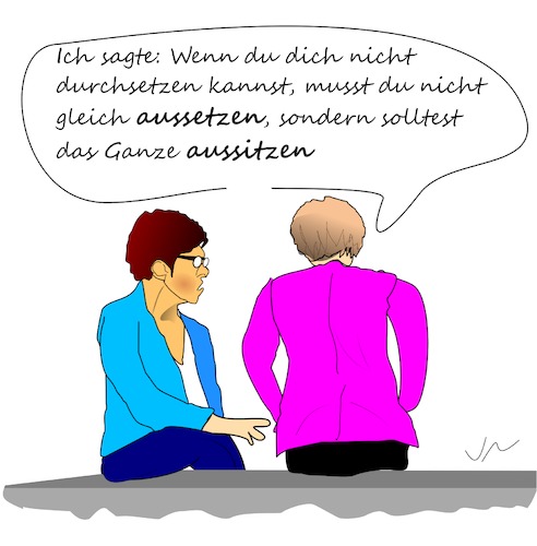 Cartoon: Rückzug AKK (medium) by Jochen N tagged kramp,karrenbauer,merkel,kanzler,bundeskanzler,parteivorsitz,cdu,kanzlerkandidat,verzicht,aussetzen,aussitzen,aufhören,durchsetzen