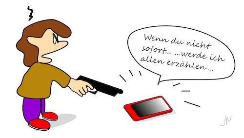 Cartoon: Rufmord (medium) by Jochen N tagged rufmord,mobbing,ausgrenzung,hass,anruf,telefonieren,smartphone,kind,pistole,waffe,aggression,aggressiv,wut,spontan,erzählen