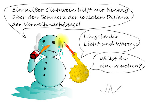 Cartoon: Schneemann (medium) by Jochen N tagged schmelzen,auftauen,schwitzen,eis,schnee,weinen,trauer,kerze,licht,heiß,wärme,glühwein,rauchen,winter,weihnachten,abstand,distanz,schmerz,corona,covid,19,pandemie,lockdown