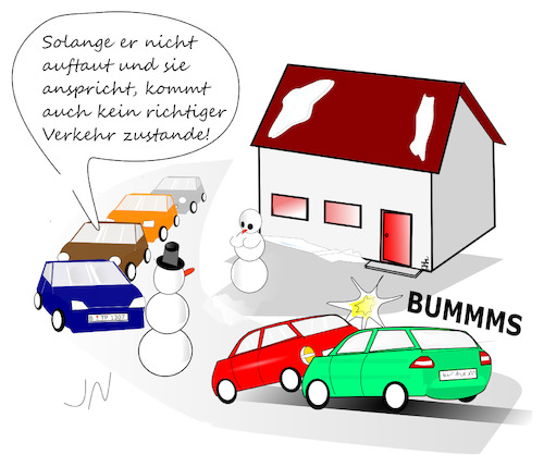 Cartoon: Schneemann (medium) by Jochen N tagged stau,unfall,crash,winter,zylinder,romantik,anmache,schüchtern,auto,verkehr,schnee,eis,schmelze,schmilzen,straße,weg,liebe,sehnsucht,leidenschaft