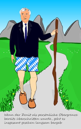 Cartoon: Seehofers Weg (medium) by Jochen N tagged seehofer,weg,bayern,csu,obergrenze,alpen,berg,stock,zenit,bergab,wandern,wanderer,wahl,wählen,söder,macht,ministerpräsident,rücktritt