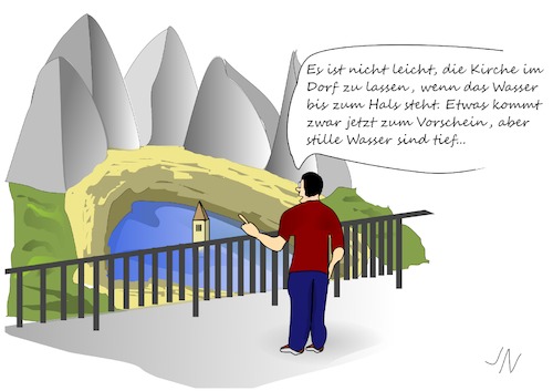 Cartoon: Talsperre mit Niedrigwasser (medium) by Jochen N tagged sommer,trockenheit,wasser,dürre,hitze,talsperre,staudamm,niedrigwasser,gebirge,alpen,papst,franziskus,zölibat,christ,kirche,katholiken,sexualität,missbrauch,kind,vergewaltigung,homosexuell,vorschein