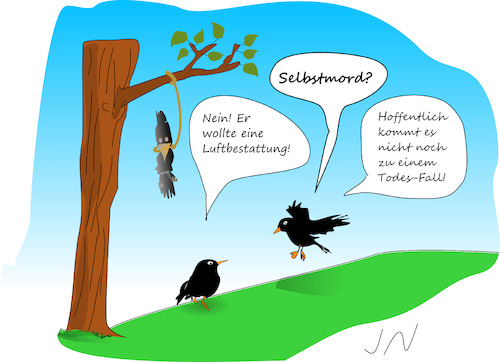 Cartoon: Todesfall (medium) by Jochen N tagged tod,tot,suizid,selbstmord,baum,vogel,vögel,krähe,rabe,bestattung,beerdigung,friedhof,seebestattung,strick,fall