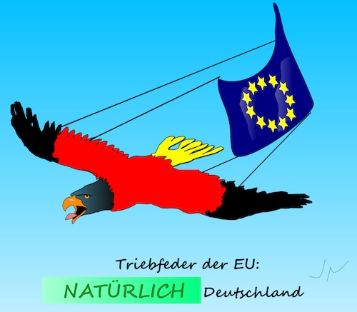 Cartoon: Triebfeder (medium) by Jochen N tagged adler,zugpferd,motor,eu,europa,flug,flügel,klimawandel,erderwärmung,natur,klima,überschwemmung,bundesadler