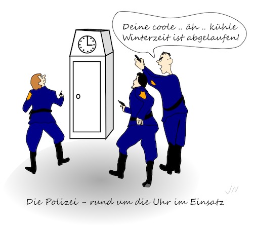 Cartoon: Uhr umstellen (medium) by Jochen N tagged uhr,umstellen,umstellung,sommerzeit,winterzeit,zeit,zeitumstellung,stunde,standuhr,abgelaufen,polizei,einsatz,pistole,schießen,schuss,waffe,drohung,bedrohung,drohen,cool,kühl,kälte,kalt