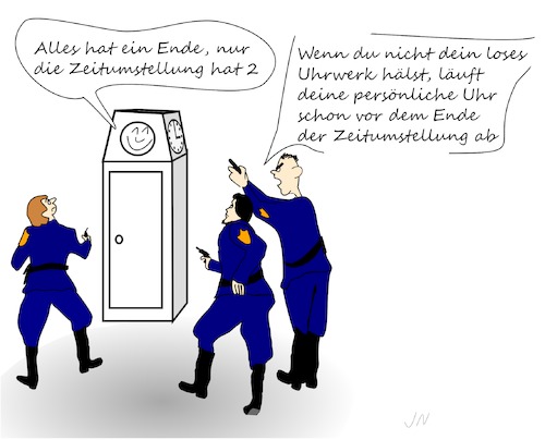 Cartoon: Uhr umstellen (medium) by Jochen N tagged uhr,umstellen,umstellung,sommerzeit,winterzeit,zeit,zeitumstellung,stunde,standuhr,abgelaufen,polizei,einsatz,pistole,schießen,schuss,waffe,drohung,bedrohung,drohen,loses,mundwerk,ende,wurst