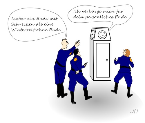 Cartoon: Uhr umstellen (medium) by Jochen N tagged uhr,umstellen,umstellung,sommerzeit,winterzeit,zeit,zeitumstellung,stunde,standuhr,abgelaufen,polizei,einsatz,pistole,schießen,schuss,waffe,drohung,bedrohung,drohen,ende,schreck,bürgen,schluss