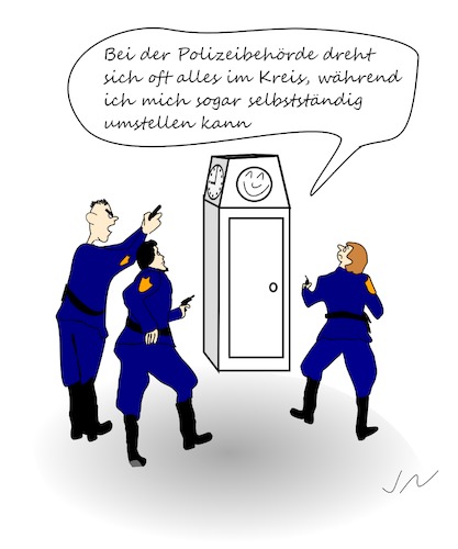 Cartoon: Uhr umstellen (medium) by Jochen N tagged uhr,umstellen,umstellung,sommerzeit,winterzeit,zeit,zeitumstellung,stunde,standuhr,polizei,einsatz,pistole,schießen,schuss,waffe,drohung,bedrohung,drohen,polizeibehörde,behörde,halbkreis,kreis,drehen