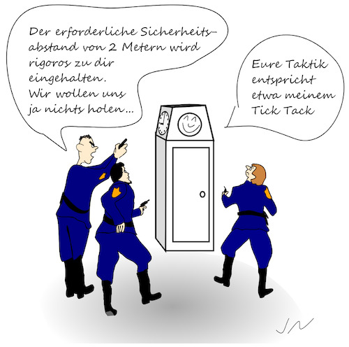 Cartoon: Uhr umstellen (medium) by Jochen N tagged umstellung,sommerzeit,winterzeit,zeit,zeitumstellung,stunde,standuhr,polizei,pistole,schießen,schuss,waffe,drohung,bedrohung,drohen,abstand,taktik,uhr,tick,tack,corona,krank